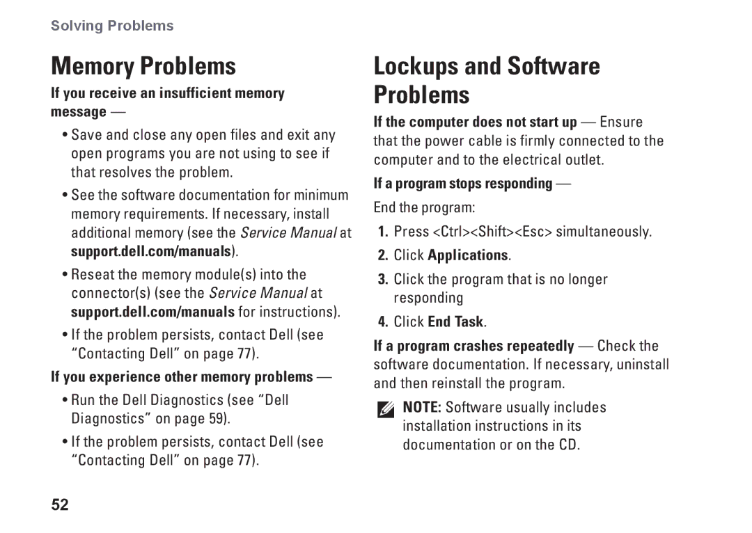 Dell GYVXH, 1749, P02E002 Memory Problems, If you receive an insufficient memory message, If a program stops responding 