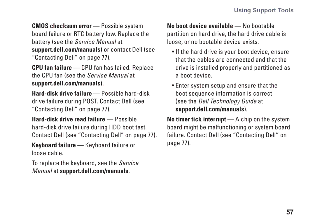 Dell 0GYVXHA00, 1749, P02E002 setup guide Keyboard failure Keyboard failure or loose cable 