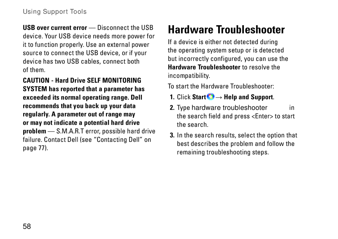 Dell 1749, P02E002, 0GYVXHA00 setup guide Hardware Troubleshooter, Click Start → Help and Support 