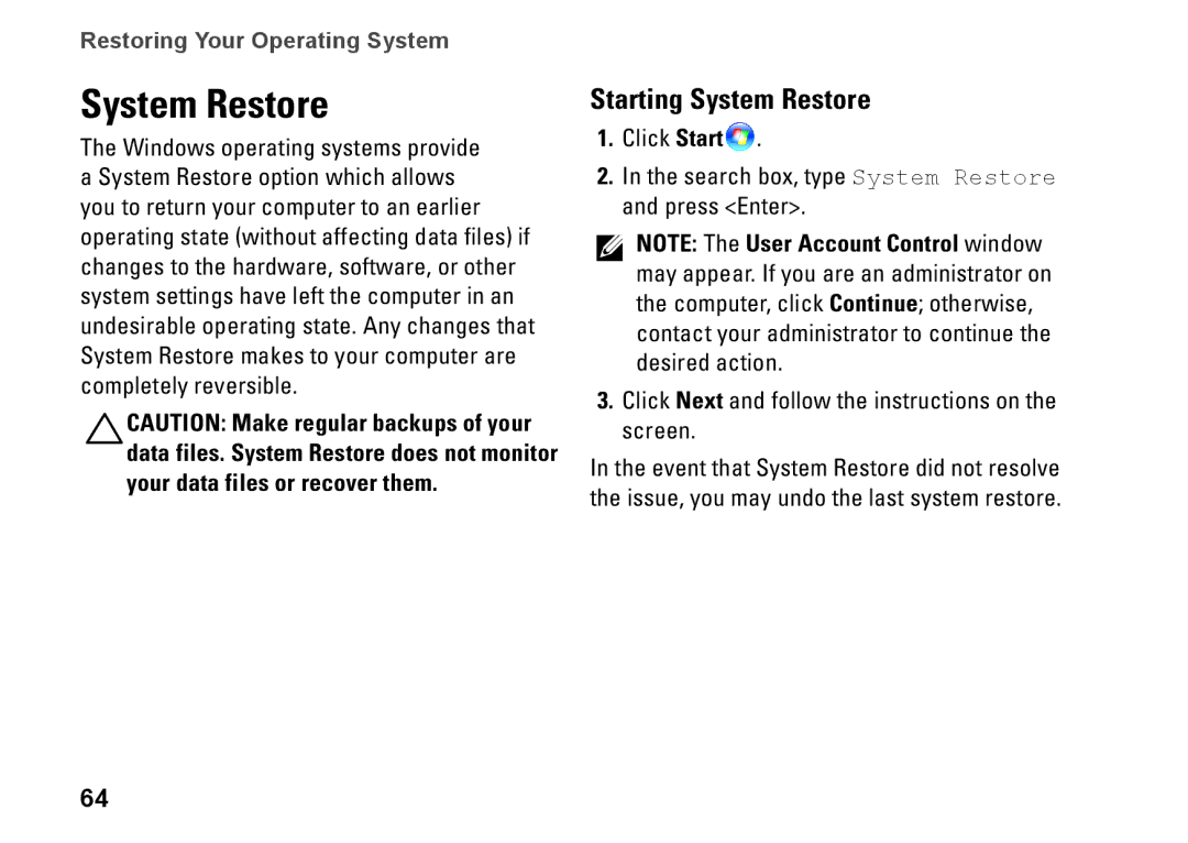 Dell 1749, P02E002, 0GYVXHA00 setup guide Starting System Restore 