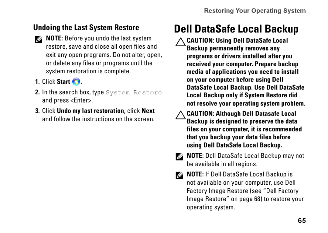 Dell 0GYVXHA00, 1749, P02E002 setup guide Dell DataSafe Local Backup, Undoing the Last System Restore 