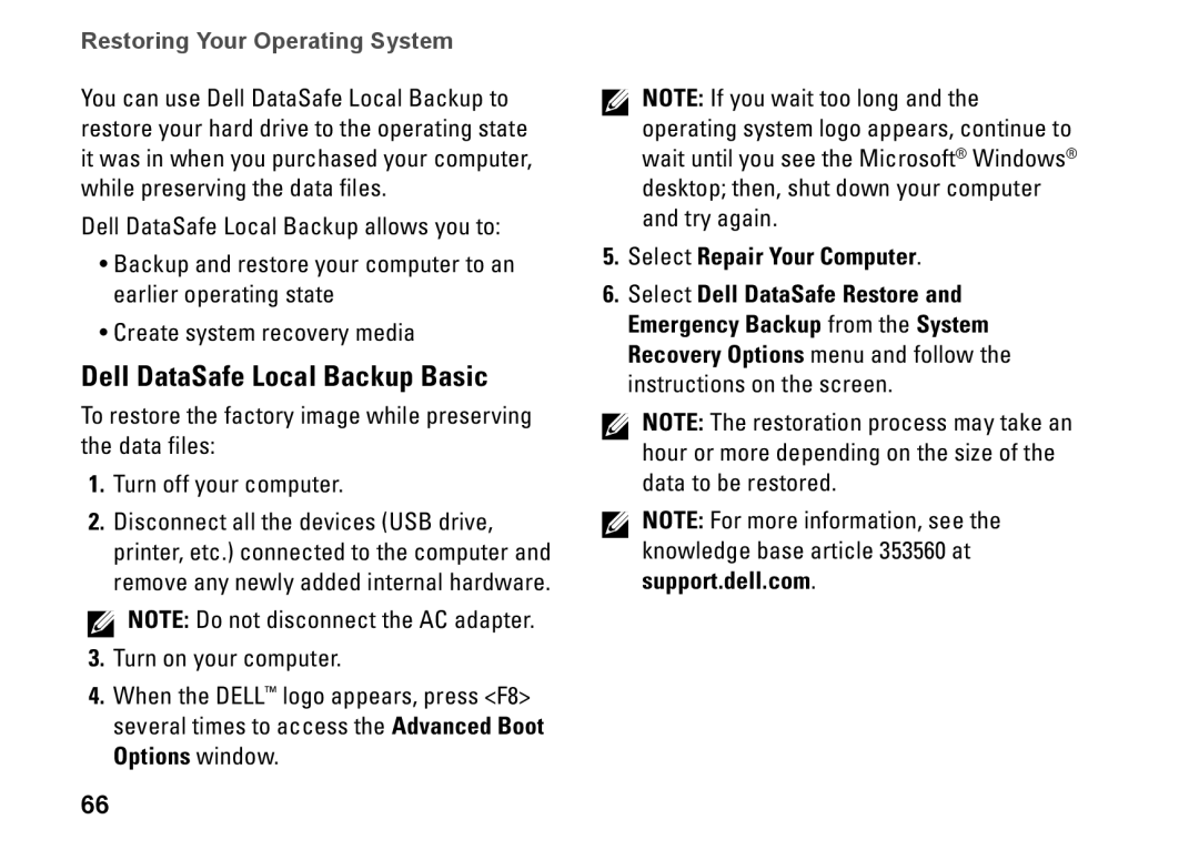 Dell 1749, P02E002, 0GYVXHA00 setup guide Dell DataSafe Local Backup Basic, Select Repair Your Computer 