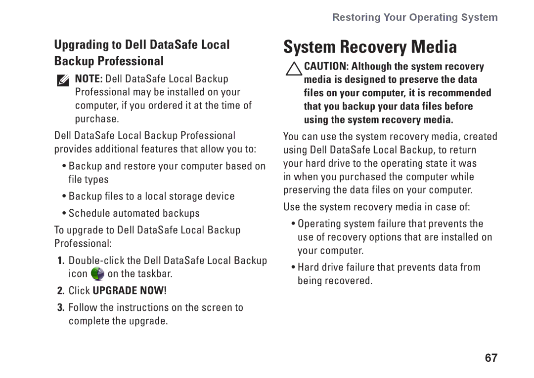 Dell P02E002, 1749, GYVXH System Recovery Media, Upgrading to Dell DataSafe Local Backup Professional, Click Upgrade Now 