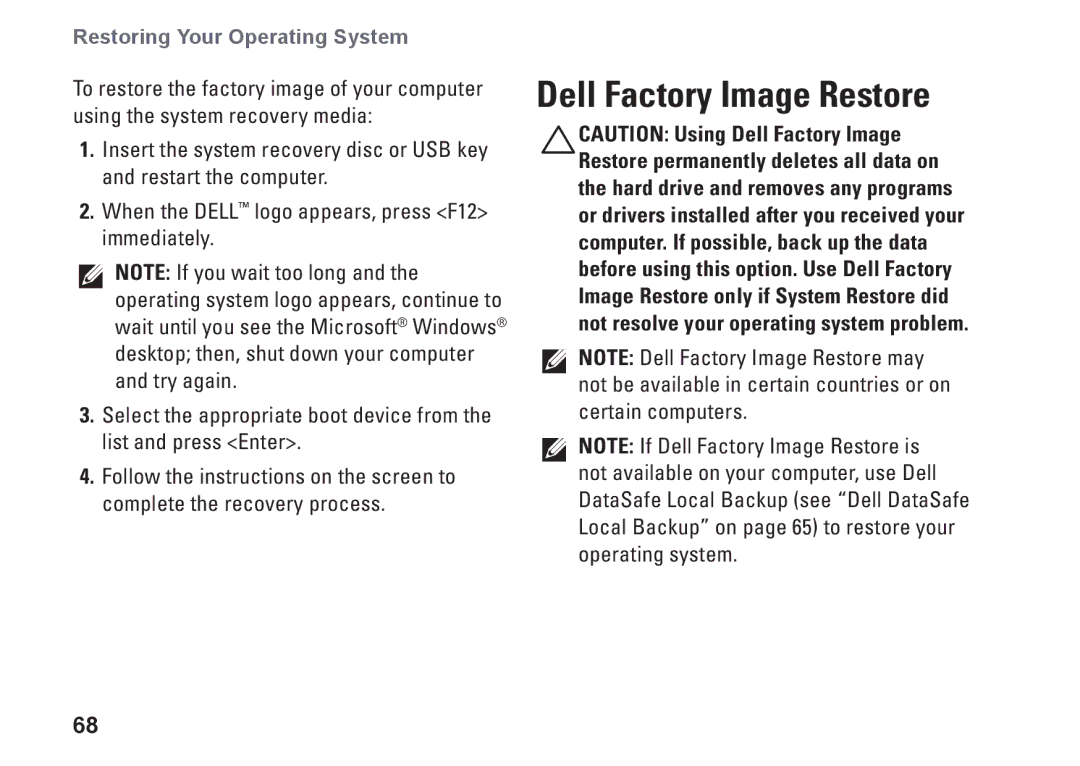 Dell 1749, P02E002, 0GYVXHA00 setup guide Dell Factory Image Restore 