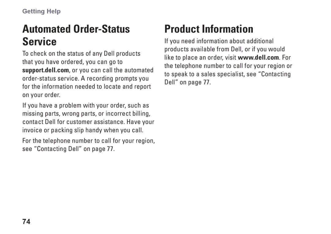 Dell 1749, P02E002, 0GYVXHA00 setup guide Automated Order-Status Service, Product Information 