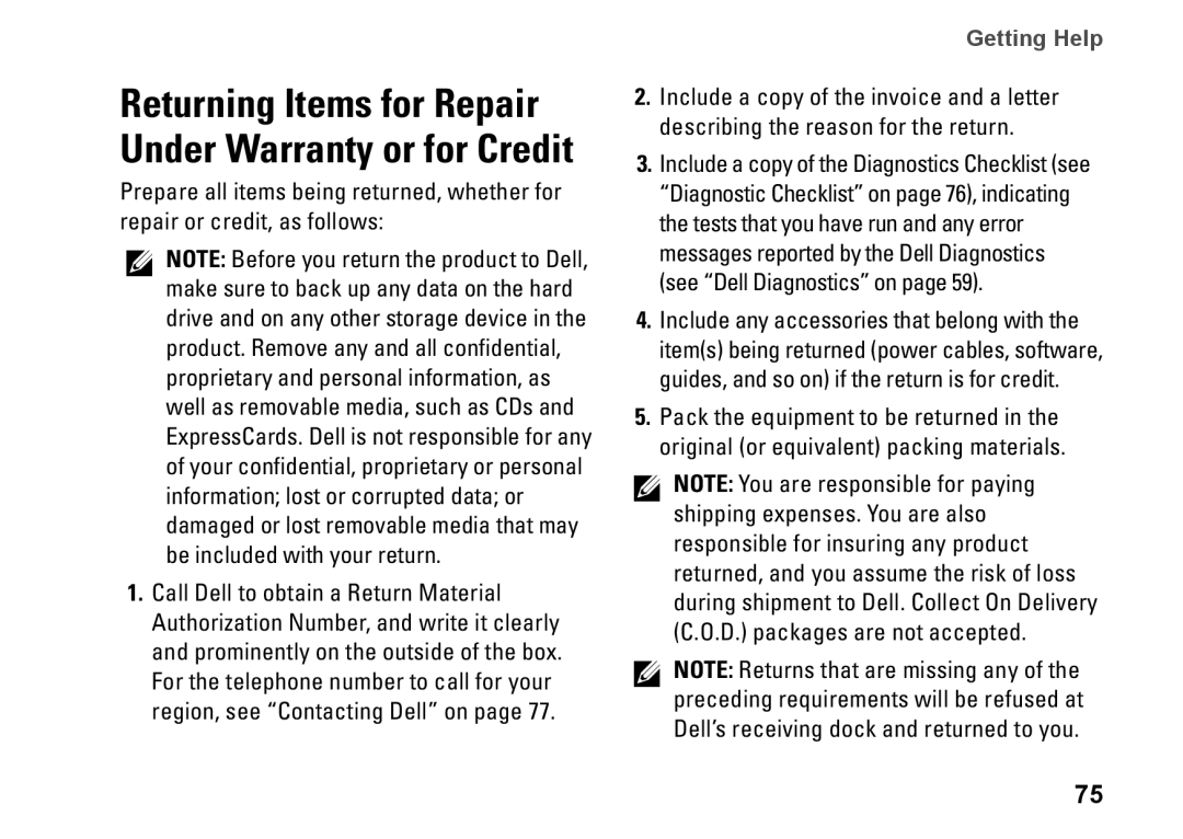 Dell P02E002, 1749, 0GYVXHA00 setup guide Returning Items for Repair Under Warranty or for Credit 