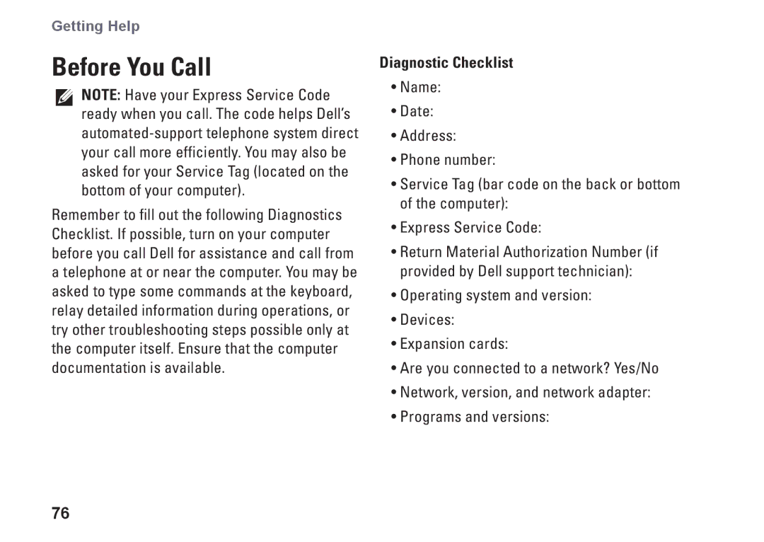 Dell 1749, P02E002, 0GYVXHA00 setup guide Before You Call, Diagnostic Checklist 