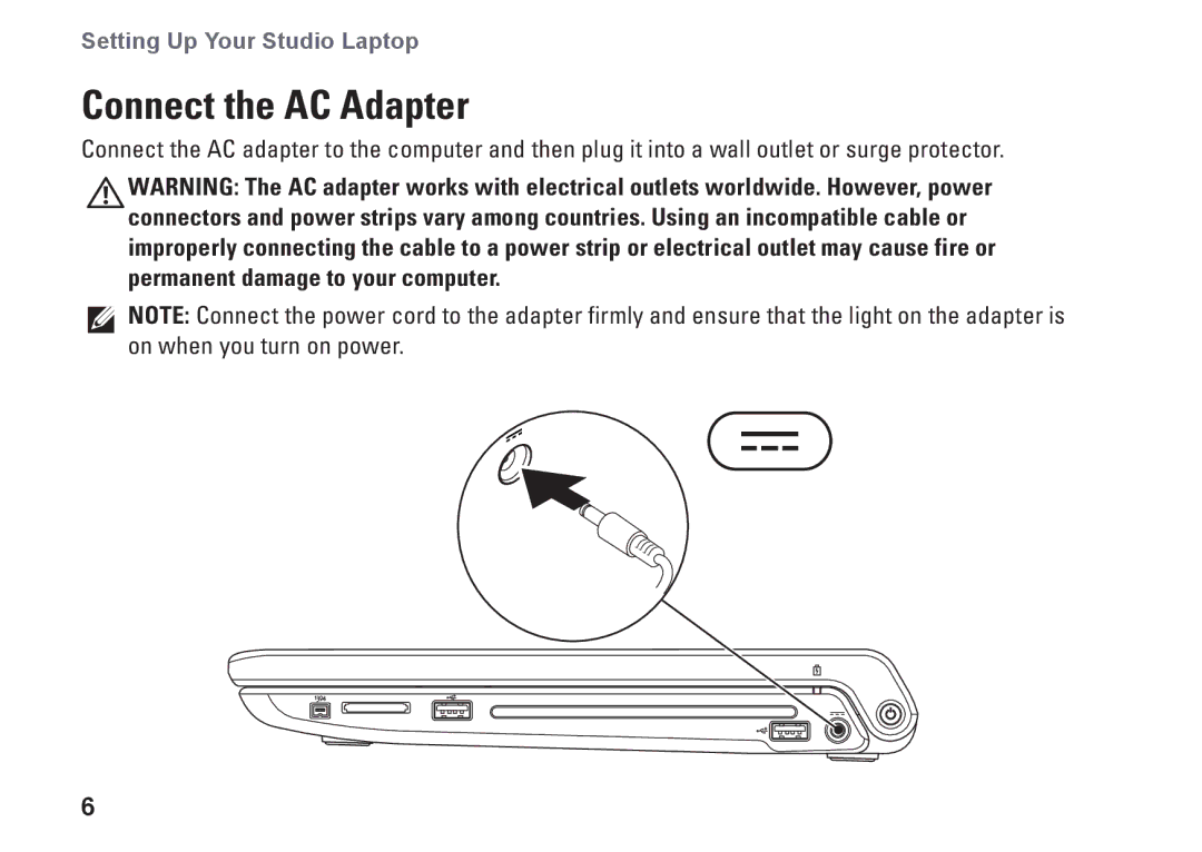 Dell 1749, P02E002, 0GYVXHA00 setup guide Connect the AC Adapter 