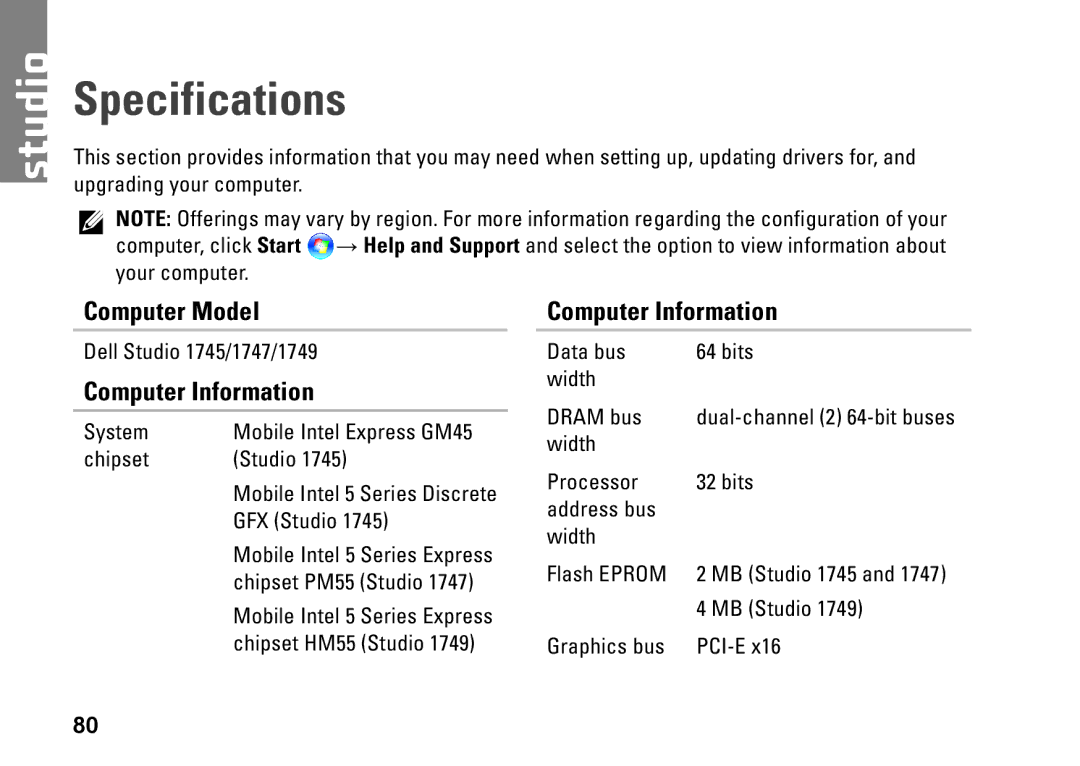 Dell 1749, P02E002, 0GYVXHA00 setup guide Specifications, Computer Model, Computer Information 