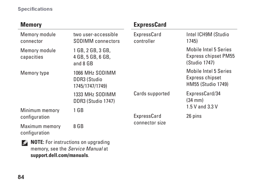 Dell 1749, P02E002, 0GYVXHA00 setup guide Memory, ExpressCard 