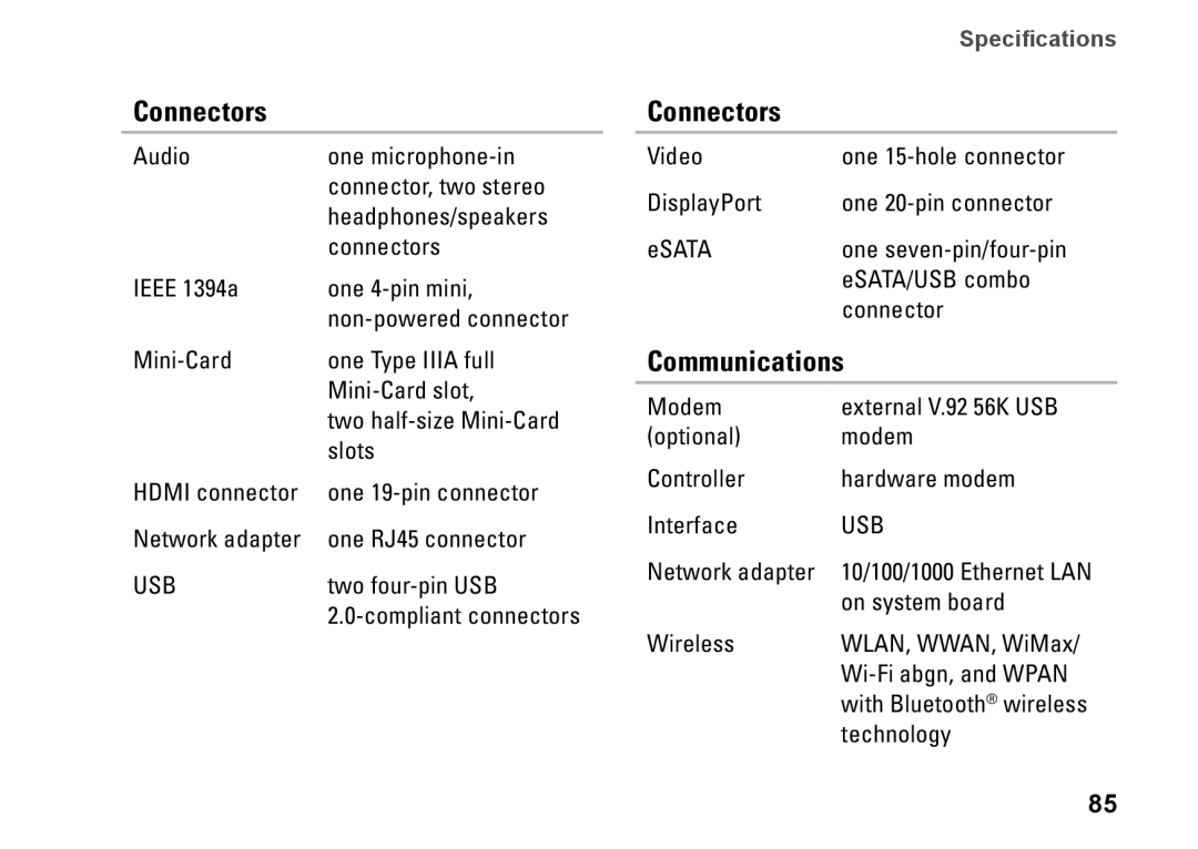 Dell 0GYVXHA00, 1749, P02E002 setup guide Connectors, Communications 