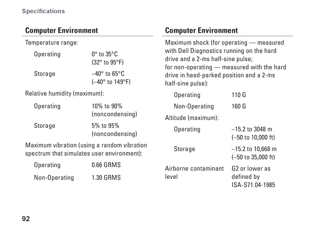 Dell 1749, P02E002, 0GYVXHA00 setup guide Computer Environment, Storage To 95% 