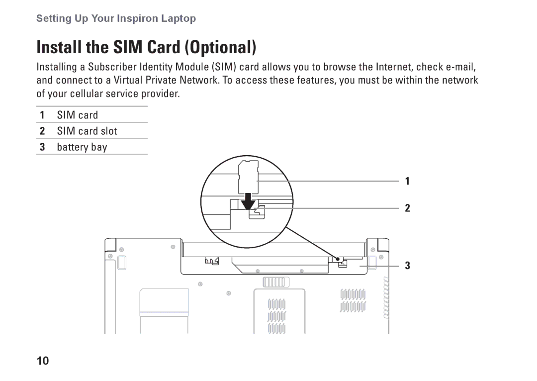 Dell 1764, P07E series, P07E001, H0JMM setup guide Install the SIM Card Optional 