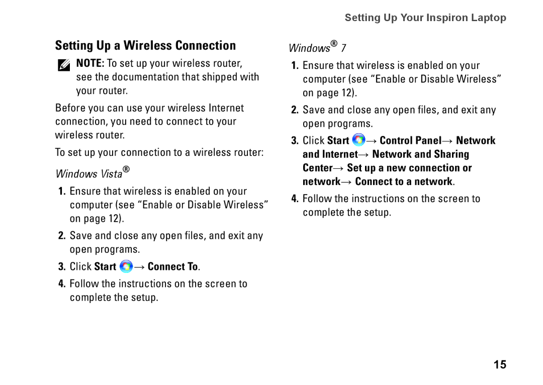 Dell P07E series, 1764, P07E001, H0JMM setup guide Setting Up a Wireless Connection, Click Start → Connect To 