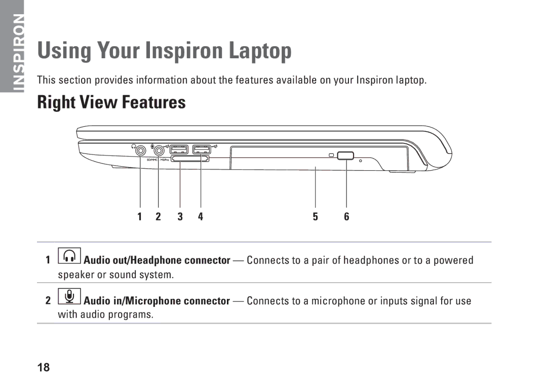 Dell 1764, P07E series, P07E001, H0JMM setup guide Using Your Inspiron Laptop, Right View Features 