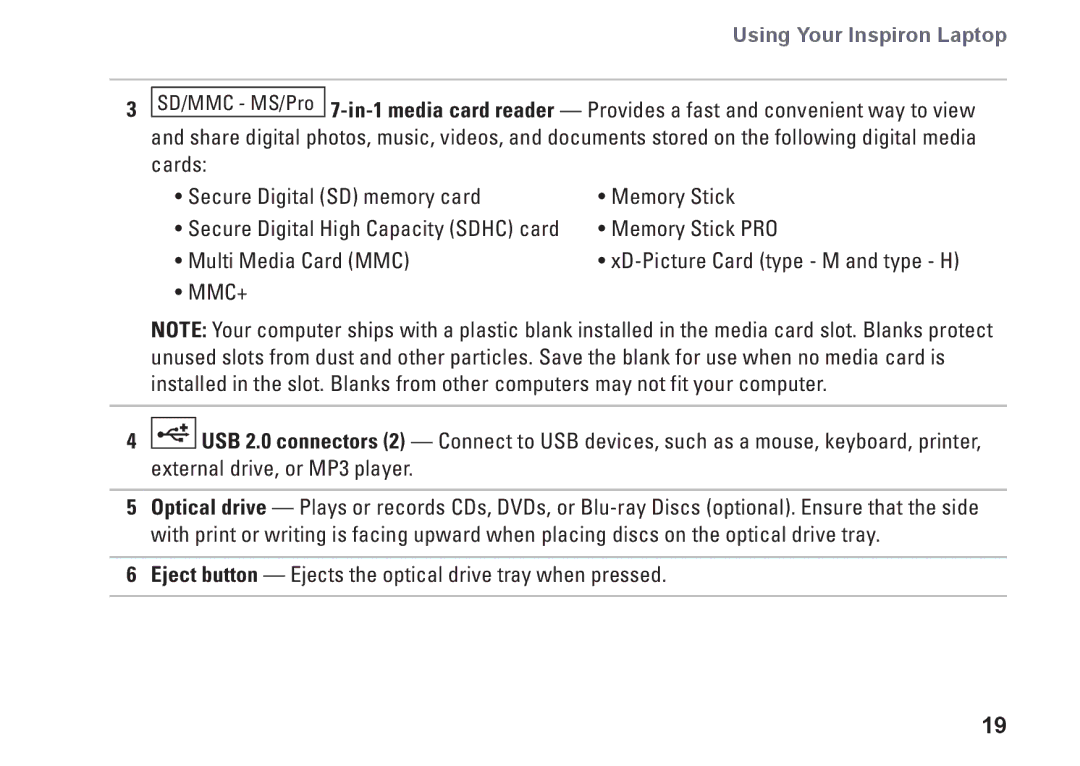 Dell P07E series, 1764, P07E001, H0JMM setup guide Using Your Inspiron Laptop 