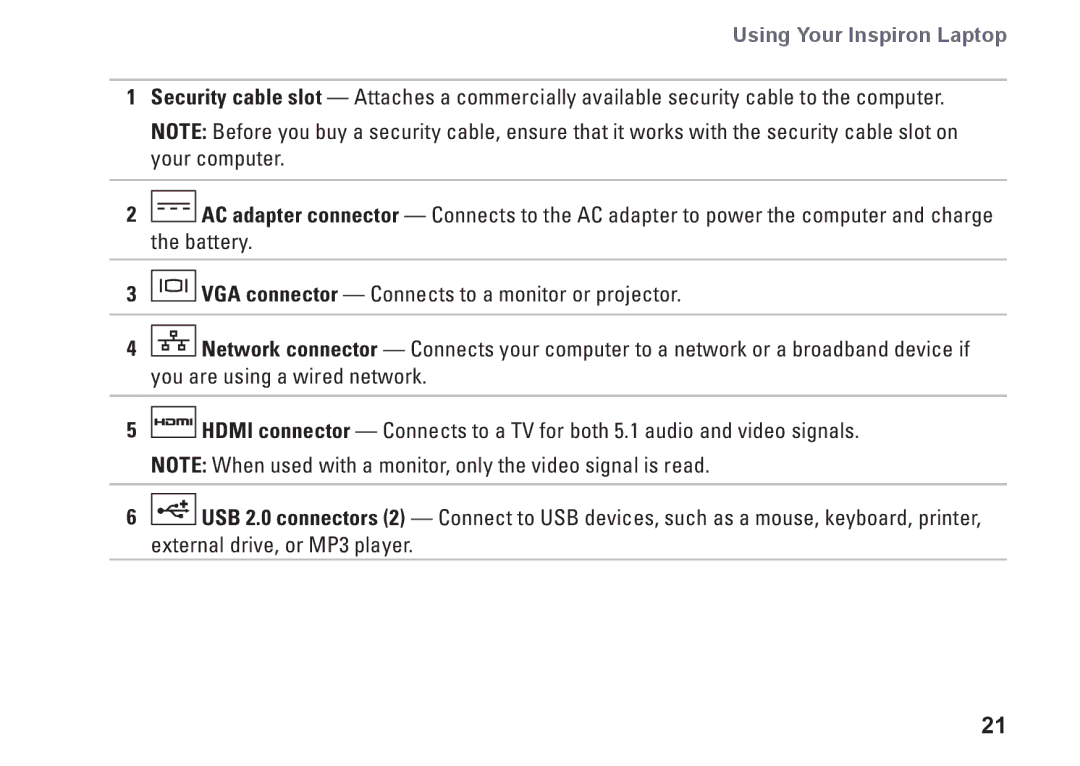 Dell H0JMM, 1764, P07E series, P07E001 setup guide Using Your Inspiron Laptop 