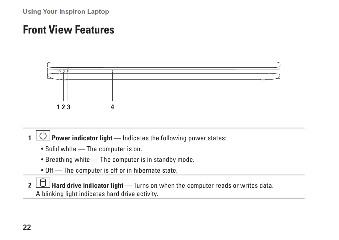 Dell 1764, P07E series, P07E001, H0JMM setup guide Front View Features 