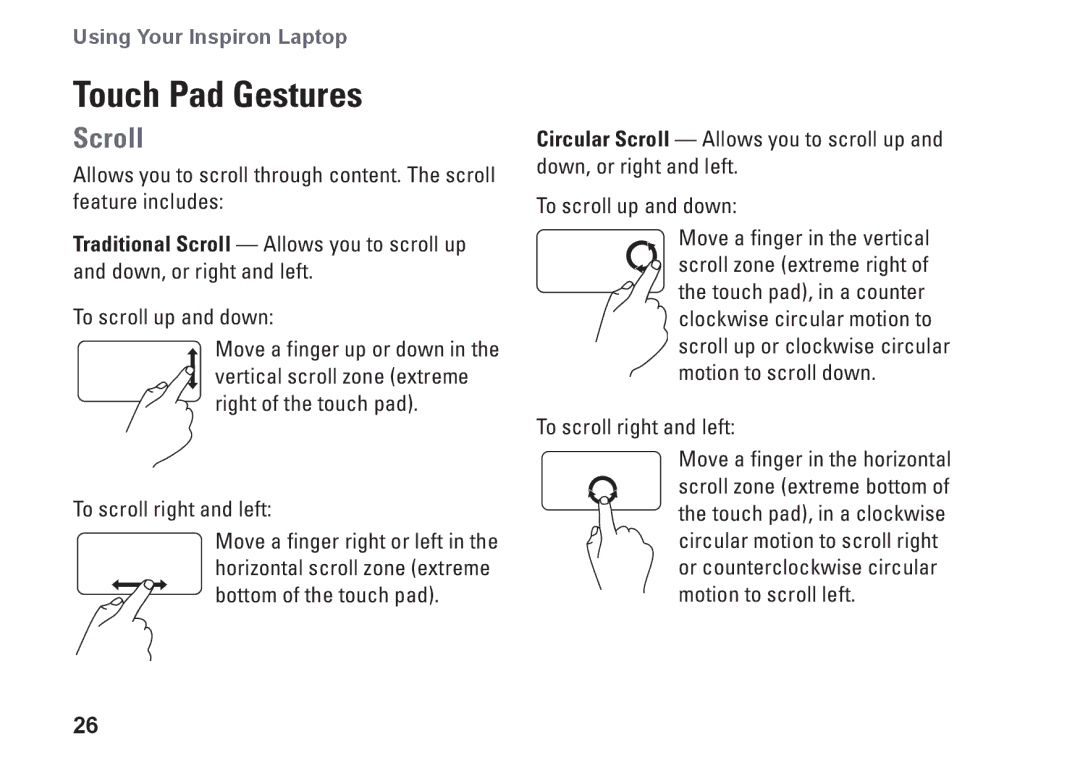 Dell 1764, P07E series, P07E001, H0JMM setup guide Touch Pad Gestures, Scroll 