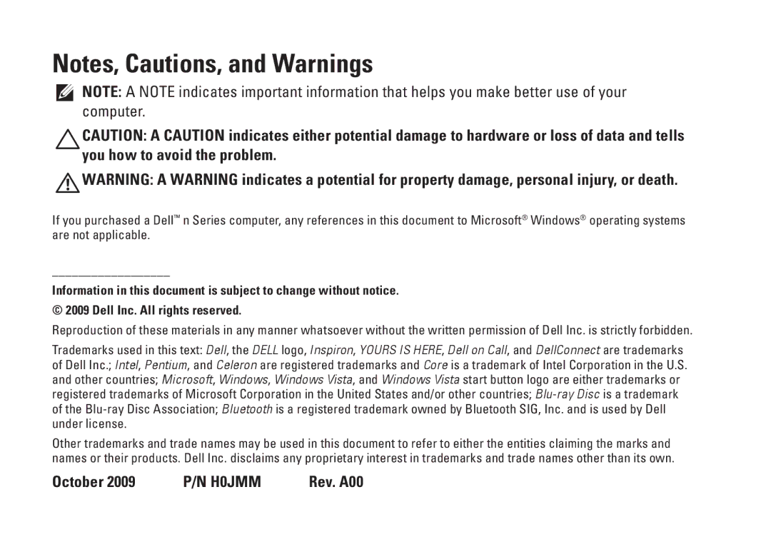 Dell 1764, P07E series, P07E001 setup guide October 2009 P/N H0JMM Rev. A00 