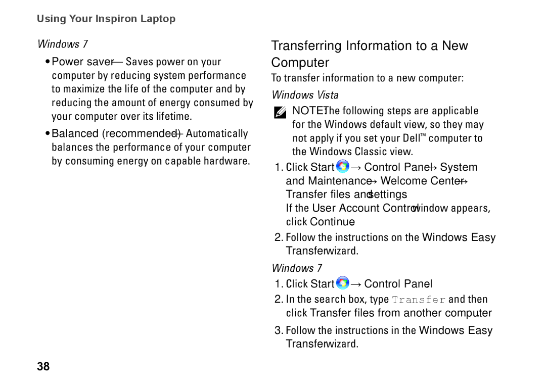 Dell 1764, P07E001 Transferring Information to a New Computer, If the User Account Control window appears, click Continue 