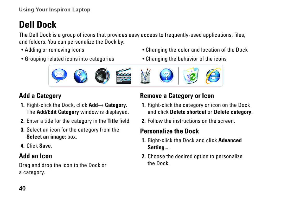 Dell P07E001, 1764, P07E series Dell Dock, Add a Category, Add an Icon, Remove a Category or Icon, Personalize the Dock 