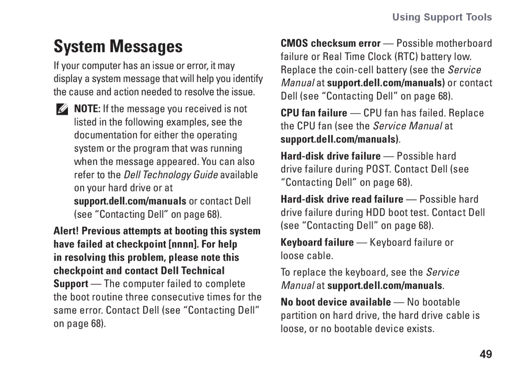 Dell H0JMM, 1764, P07E series, P07E001 setup guide System Messages, Using Support Tools 