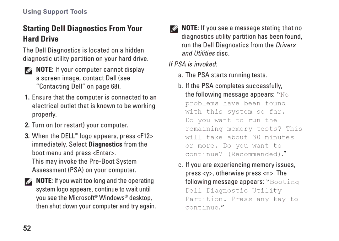 Dell P07E001, 1764, P07E series, H0JMM setup guide Starting Dell Diagnostics From Your Hard Drive, If PSA is invoked 