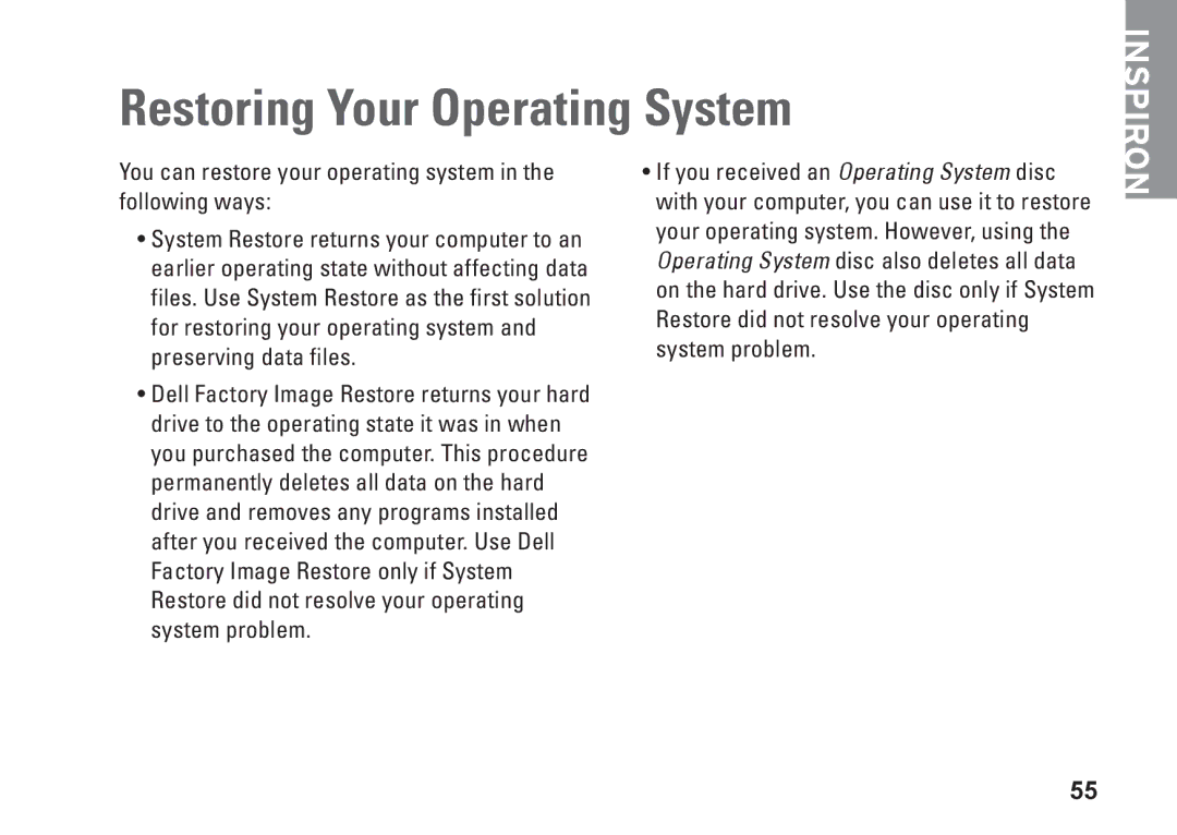 Dell P07E series, 1764, P07E001, H0JMM setup guide Restoring Your Operating System 