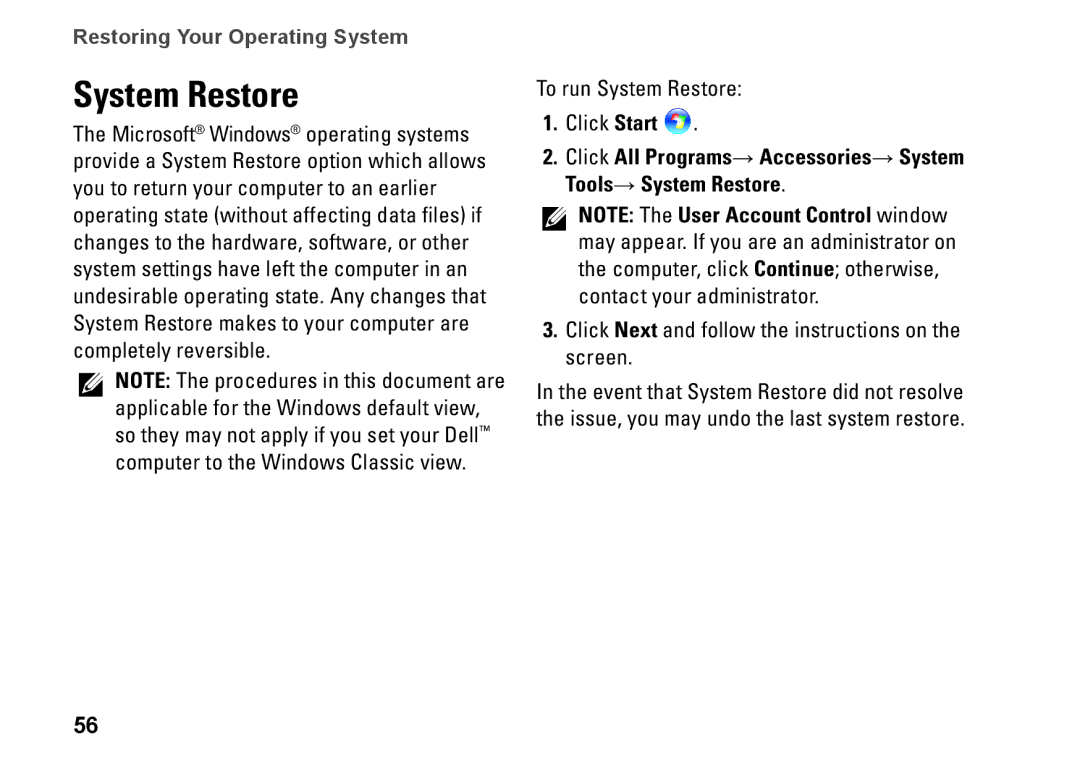 Dell P07E001, 1764, P07E series, H0JMM setup guide System Restore 