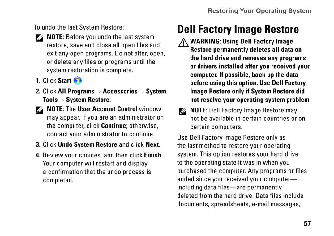 Dell H0JMM, 1764, P07E series, P07E001 setup guide Dell Factory Image Restore 