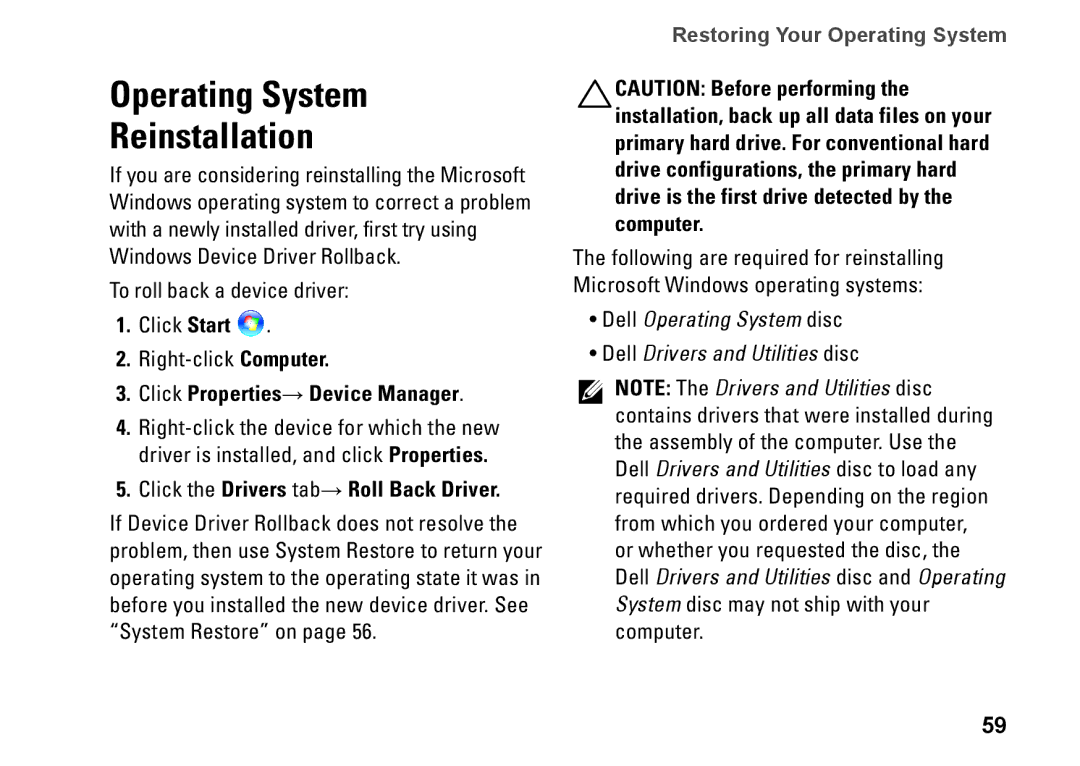 Dell P07E series, 1764, P07E001, H0JMM setup guide Operating System Reinstallation, Click Properties→ Device Manager 