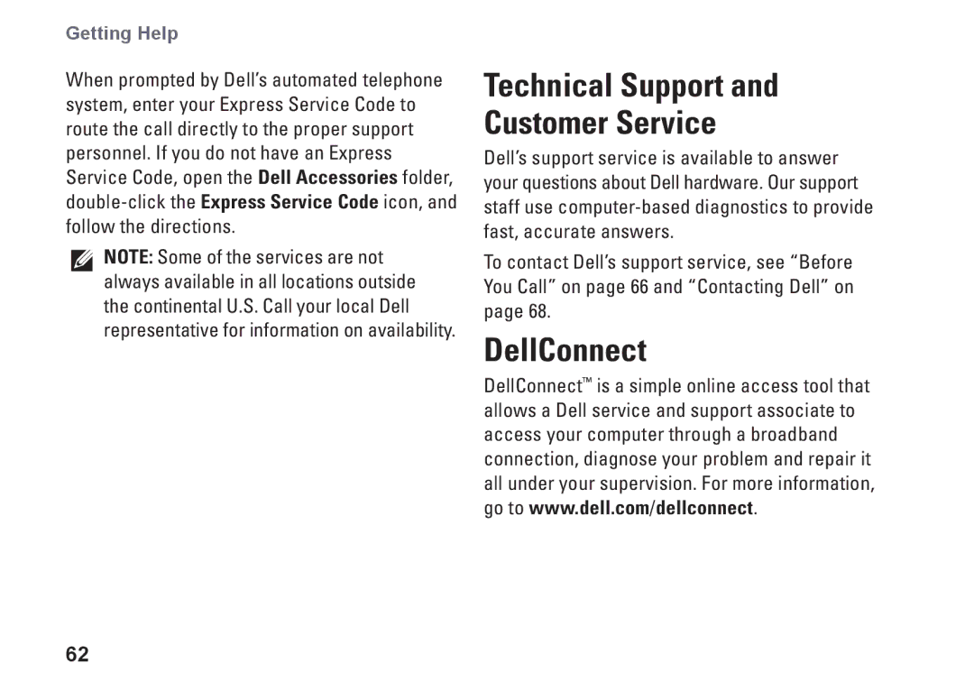 Dell 1764, P07E series, P07E001, H0JMM setup guide DellConnect, Getting Help 