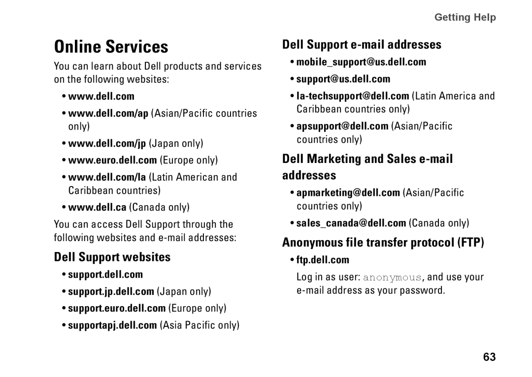 Dell P07E series, 1764, P07E001, H0JMM setup guide Online Services, Dell Support websites, Dell Support e-mail addresses 