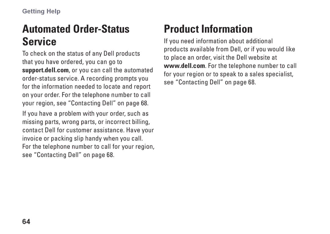 Dell P07E001, 1764, P07E series, H0JMM setup guide Automated Order-Status Service, Product Information 