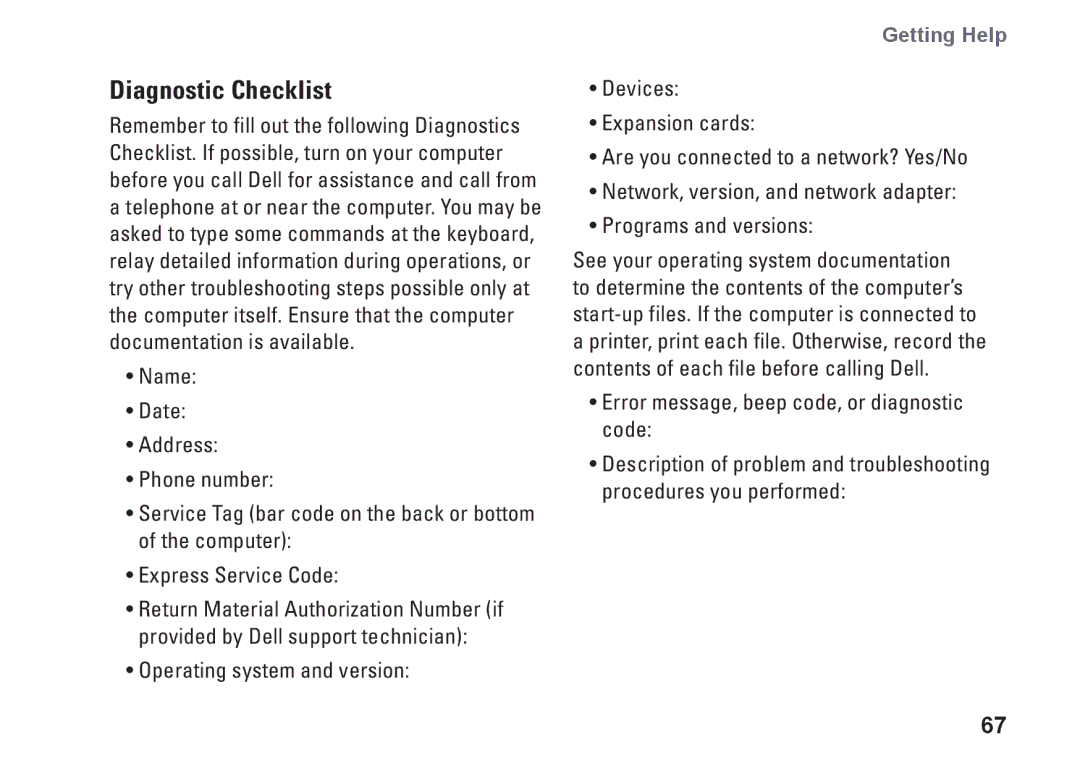 Dell P07E series, 1764, P07E001, H0JMM setup guide Diagnostic Checklist 