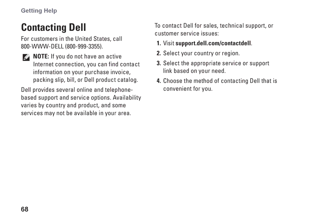 Dell P07E001, 1764, P07E series, H0JMM setup guide Contacting Dell, For customers in the United States, call 800-WWW-DELL 