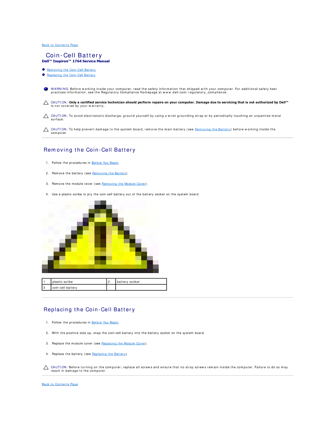 Dell 1764 manual Removing the Coin-Cell Battery, Replacing the Coin-Cell Battery 