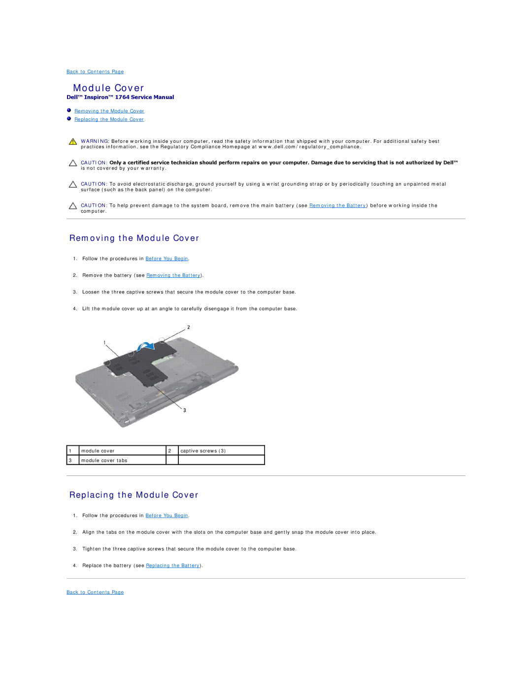 Dell 1764 manual Removing the Module Cover, Replacing the Module Cover 