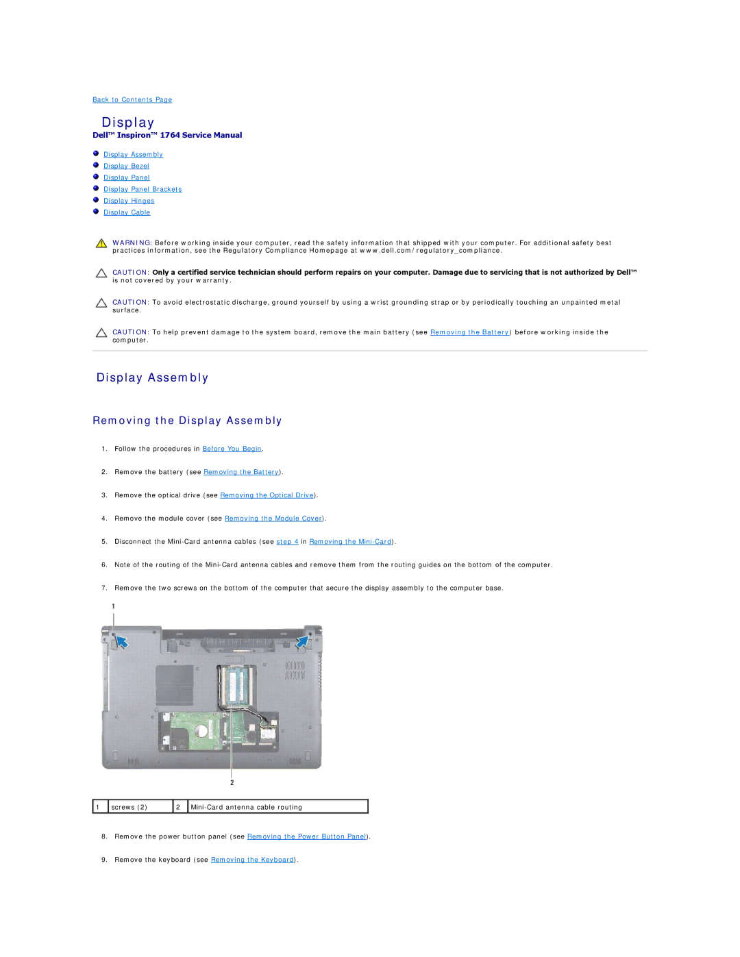 Dell 1764 manual Removing the Display Assembly 