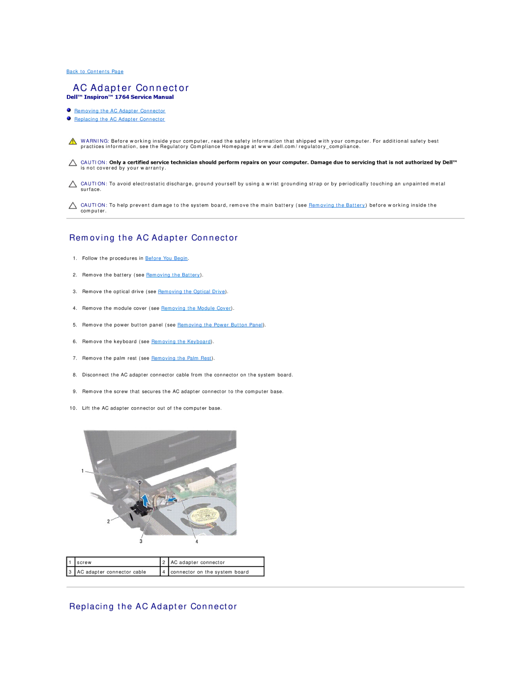 Dell 1764 manual Removing the AC Adapter Connector, Replacing the AC Adapter Connector 
