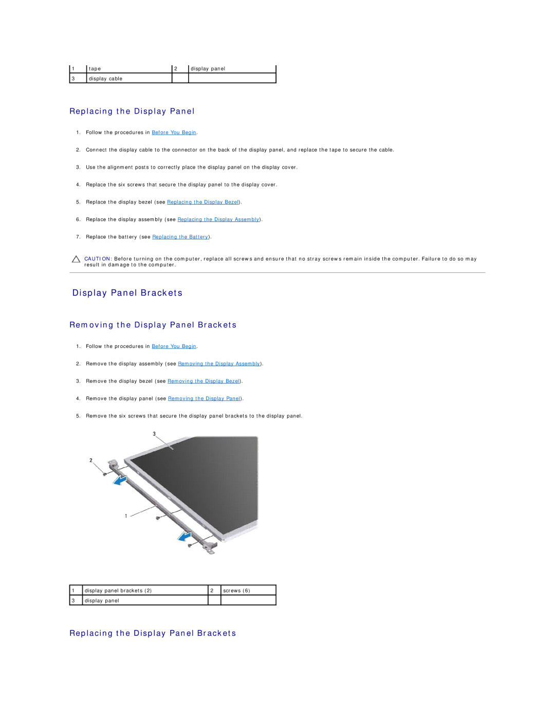 Dell 1764 manual Removing the Display Panel Brackets, Replacing the Display Panel Brackets 