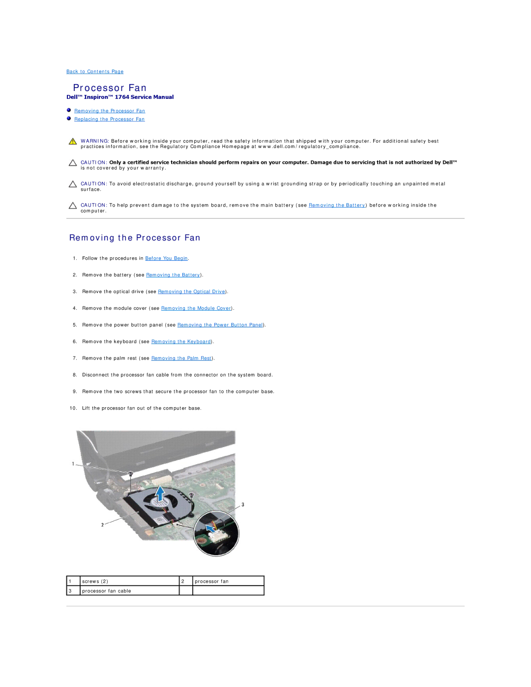 Dell 1764 manual Removing the Processor Fan 