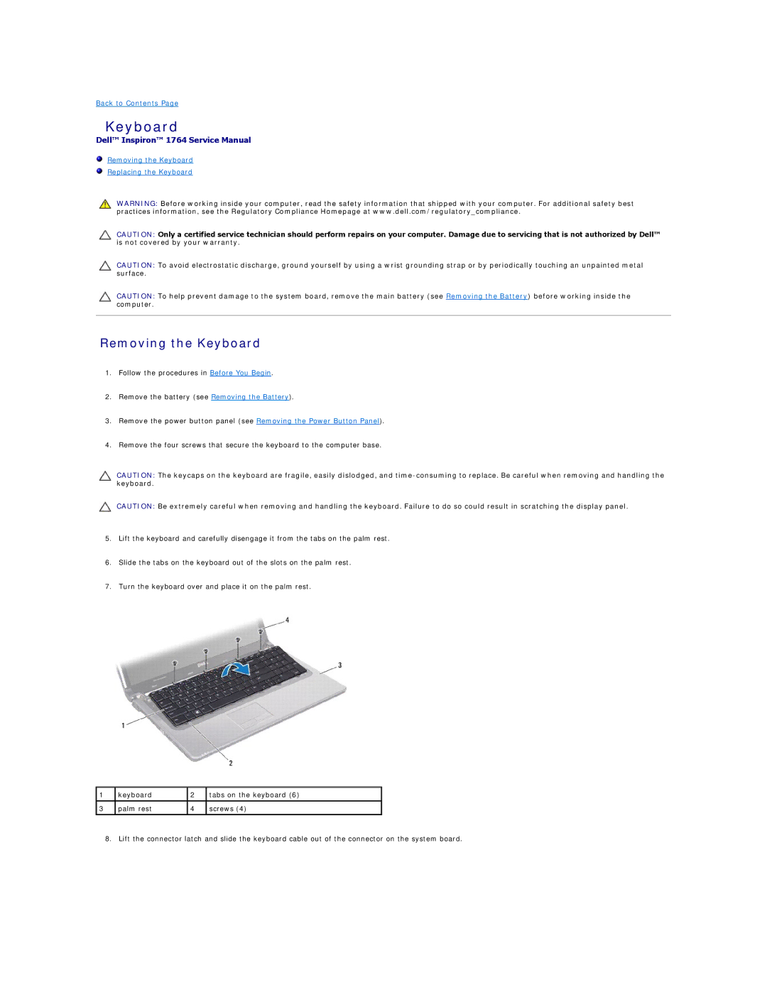 Dell 1764 manual Removing the Keyboard 