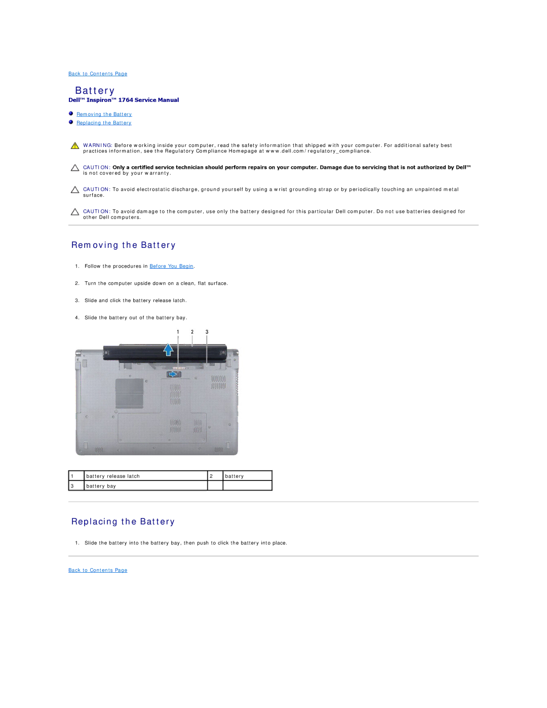 Dell 1764 manual Removing the Battery, Replacing the Battery 