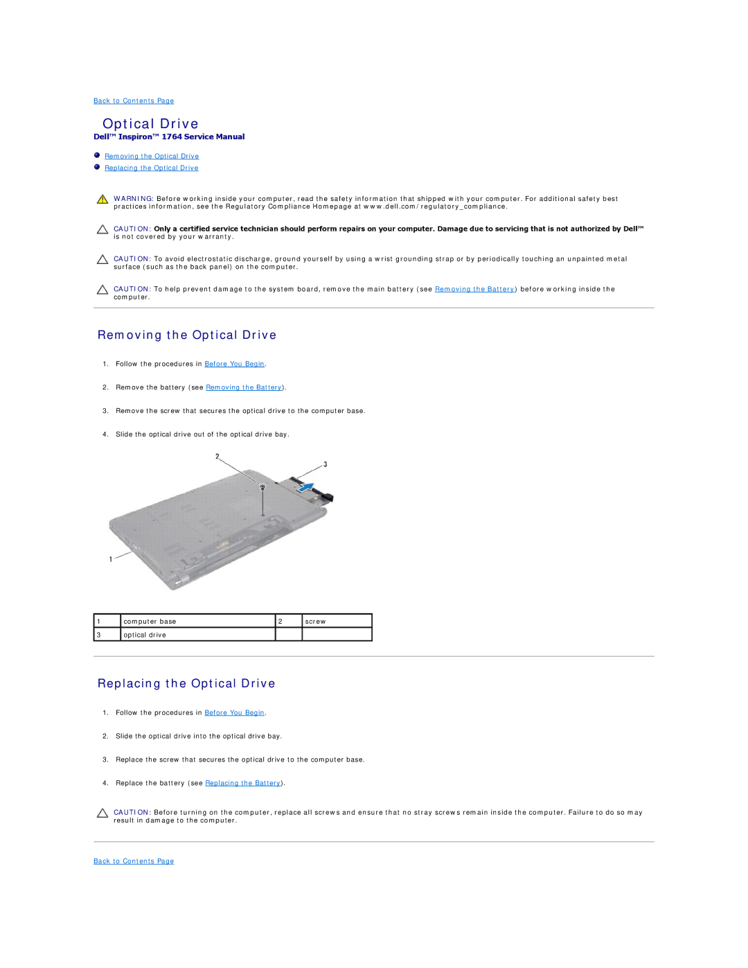 Dell 1764 manual Removing the Optical Drive, Replacing the Optical Drive 