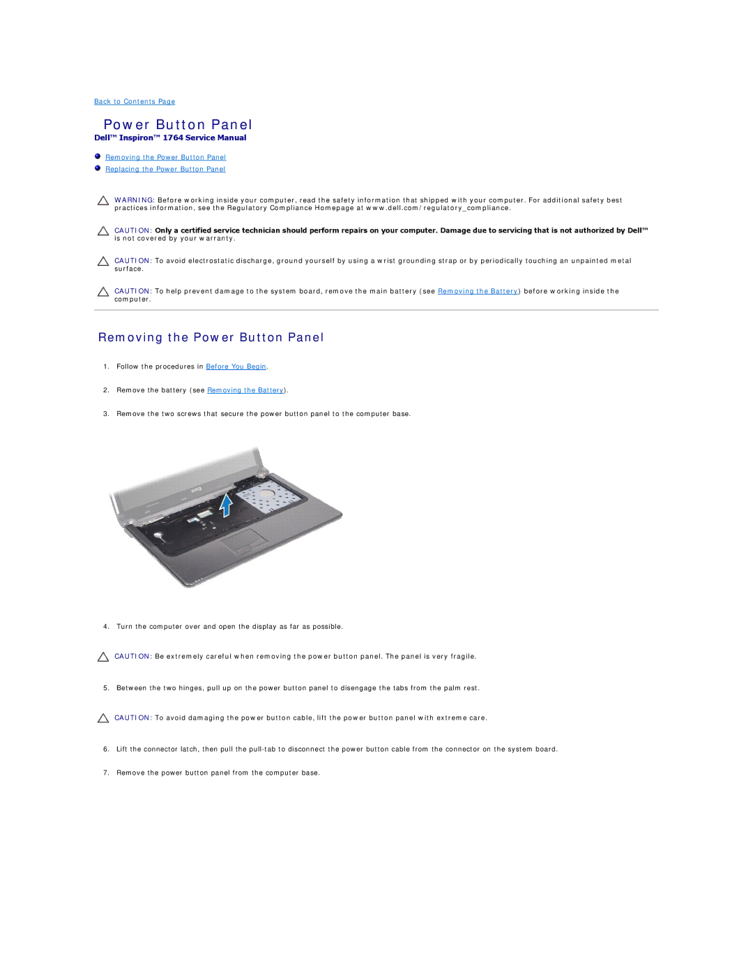 Dell 1764 manual Removing the Power Button Panel 