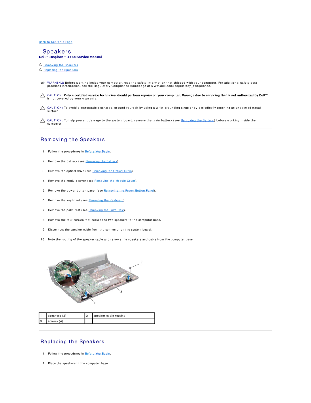 Dell 1764 manual Removing the Speakers, Replacing the Speakers 