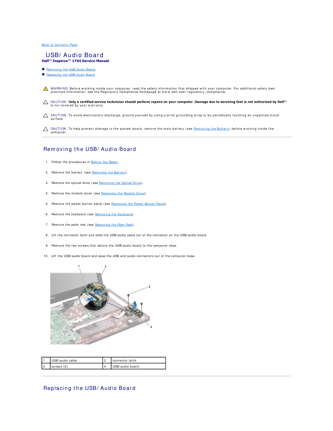 Dell 1764 manual Removing the USB/Audio Board, Replacing the USB/Audio Board 