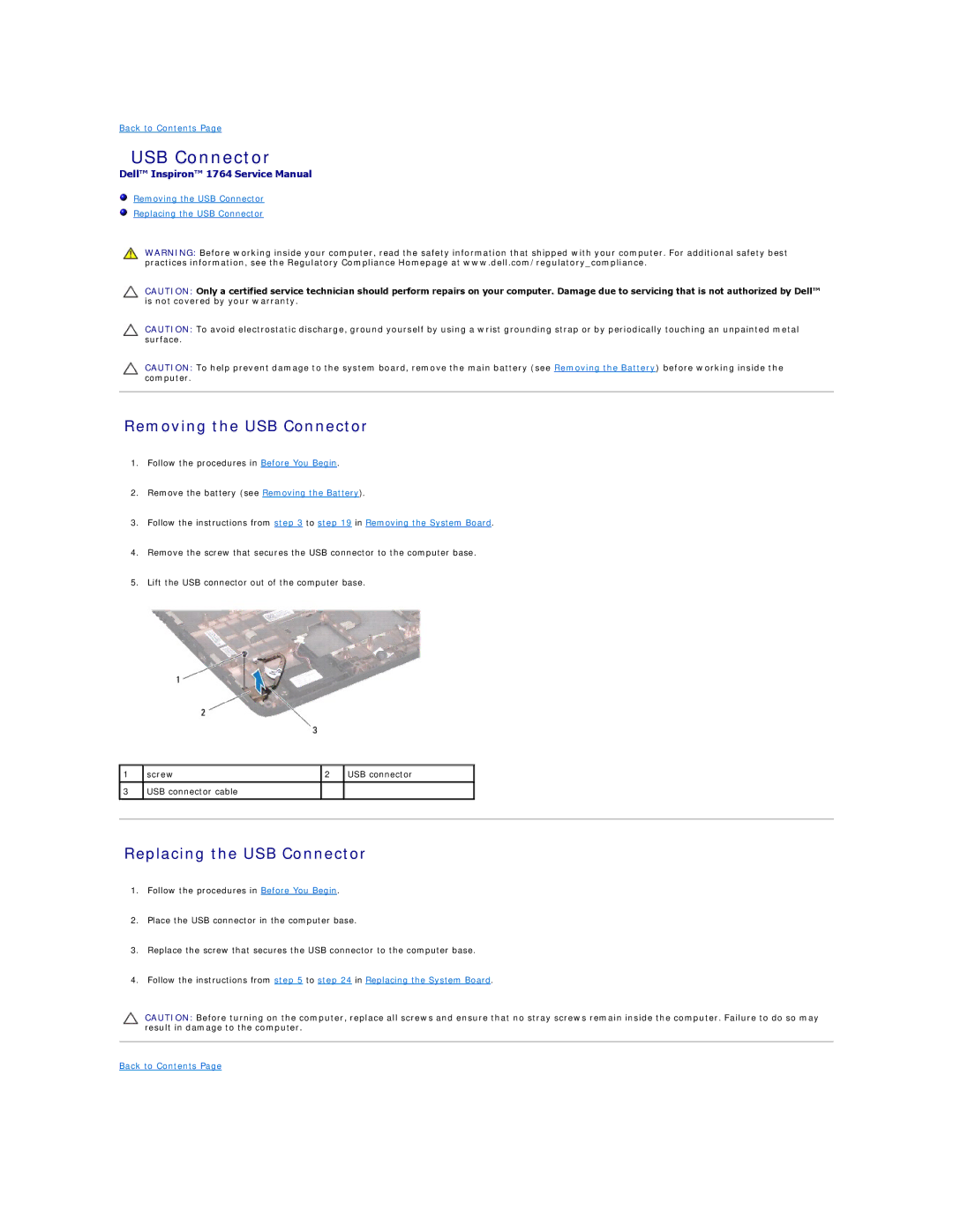 Dell 1764 manual Removing the USB Connector, Replacing the USB Connector 